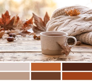 Image of Shades of fall. Picture of cup and autumn leaves on wooden sill and matching color palette