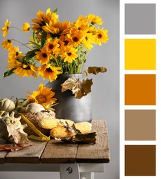 Image of Shades of fall. Autumn still life on wooden table and matching color palette