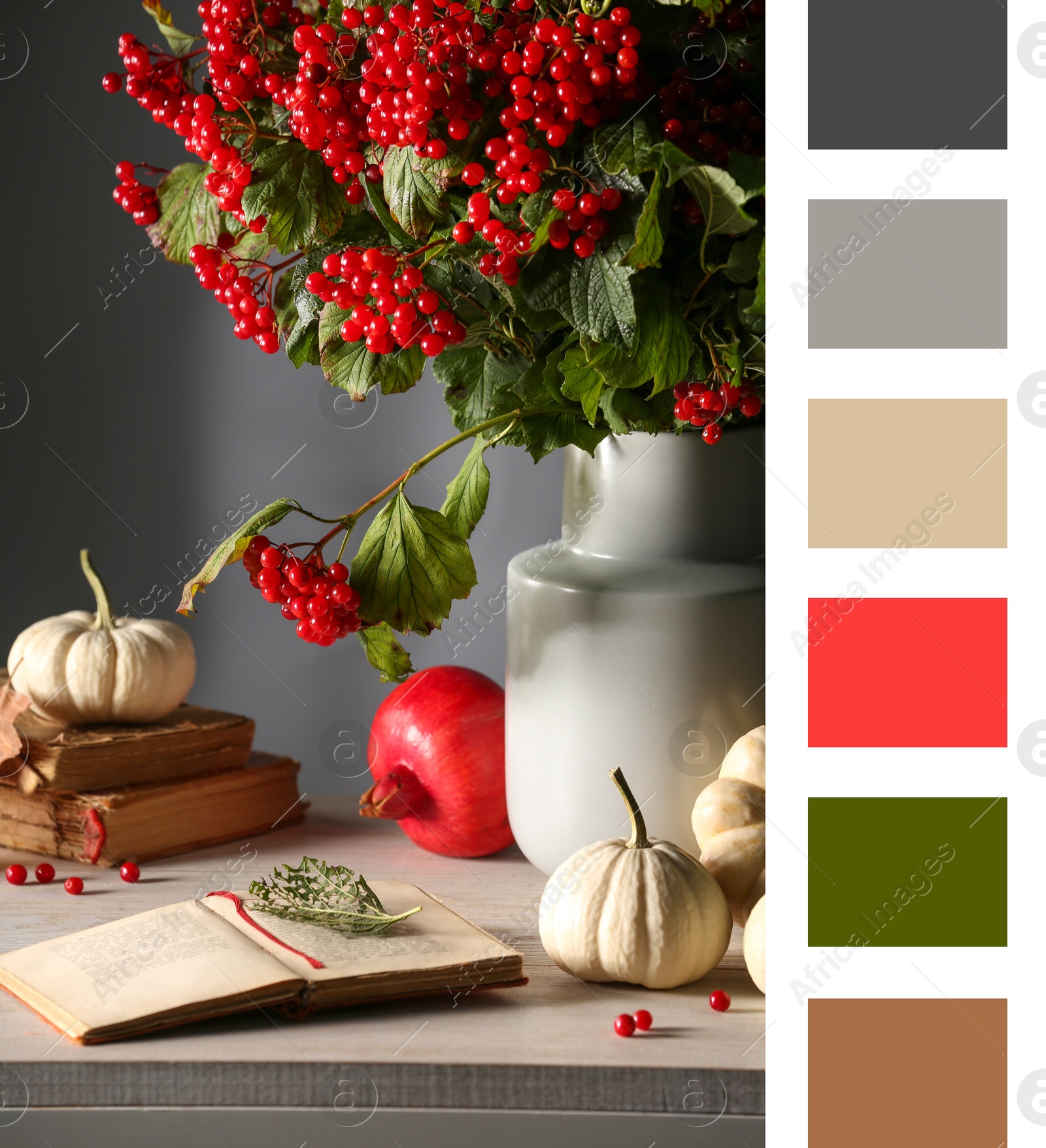 Image of Shades of fall. Autumn still life on wooden table and matching color palette