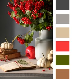 Image of Shades of fall. Autumn still life on wooden table and matching color palette