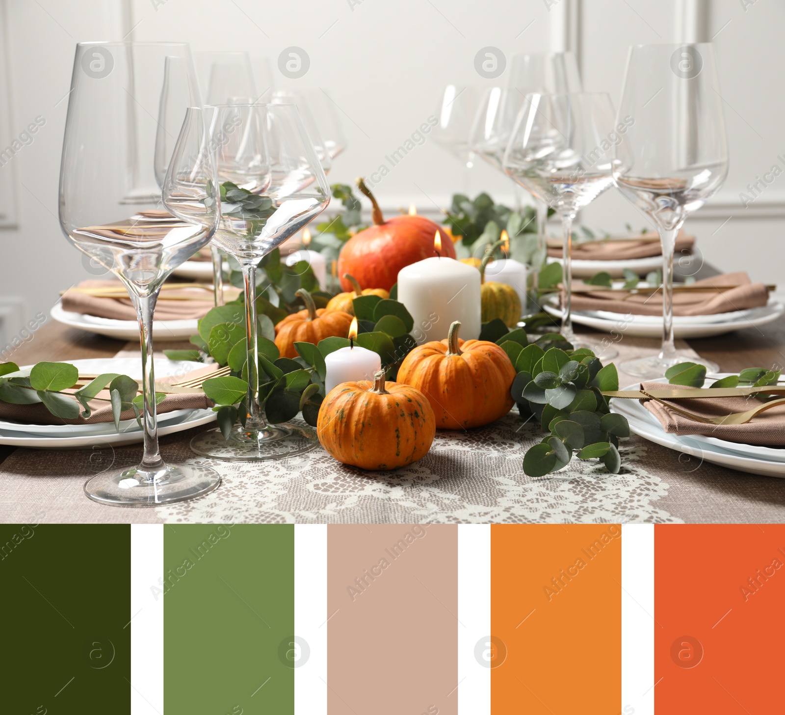 Image of Shades of fall. Autumn table setting and matching color palette