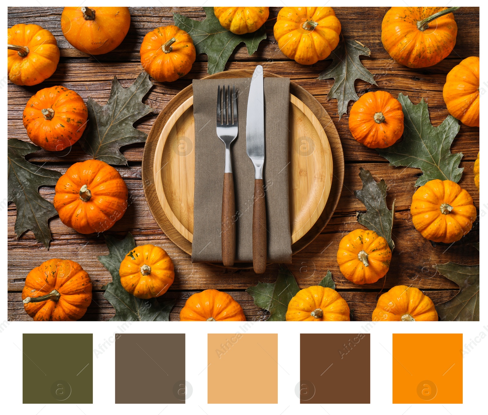 Image of Shades of fall. Autumn table setting and matching color palette