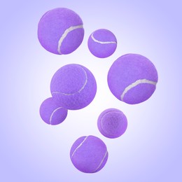 Image of Many tennis balls flying on blue violet gradient background