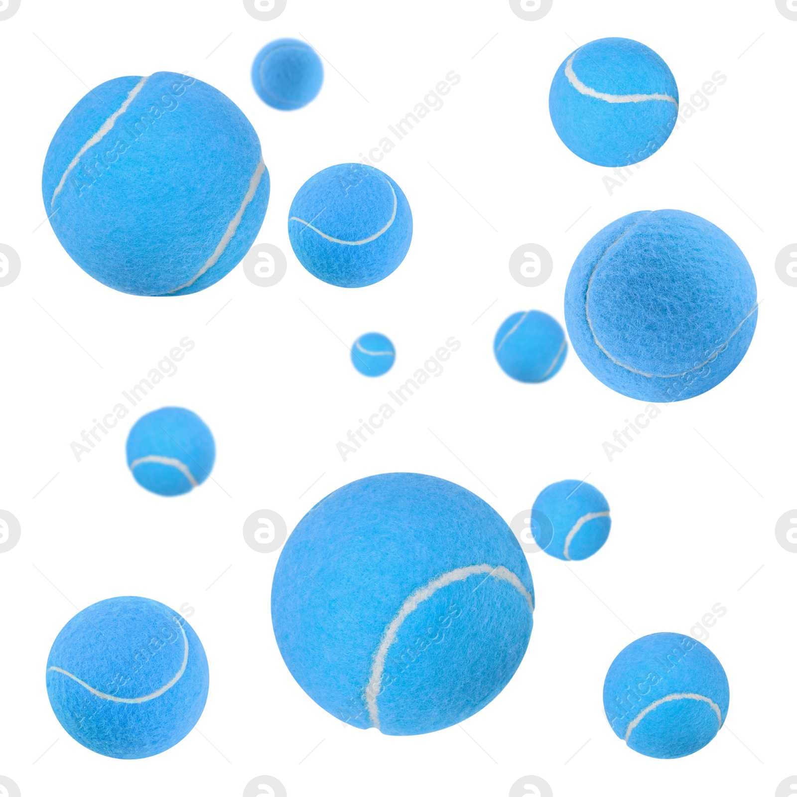 Image of Many light blue tennis balls flying on white background