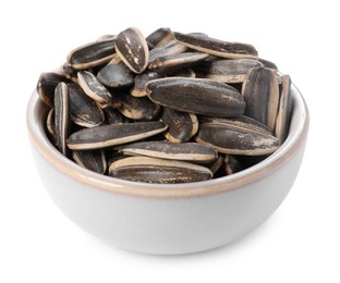 Sunflower seeds in bowl isolated on white