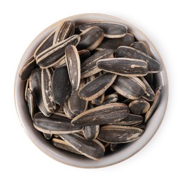 Sunflower seeds in bowl isolated on white, top view