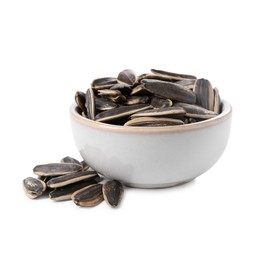 Photo of Sunflower seeds in bowl isolated on white