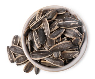 Photo of Sunflower seeds in bowl isolated on white, top view