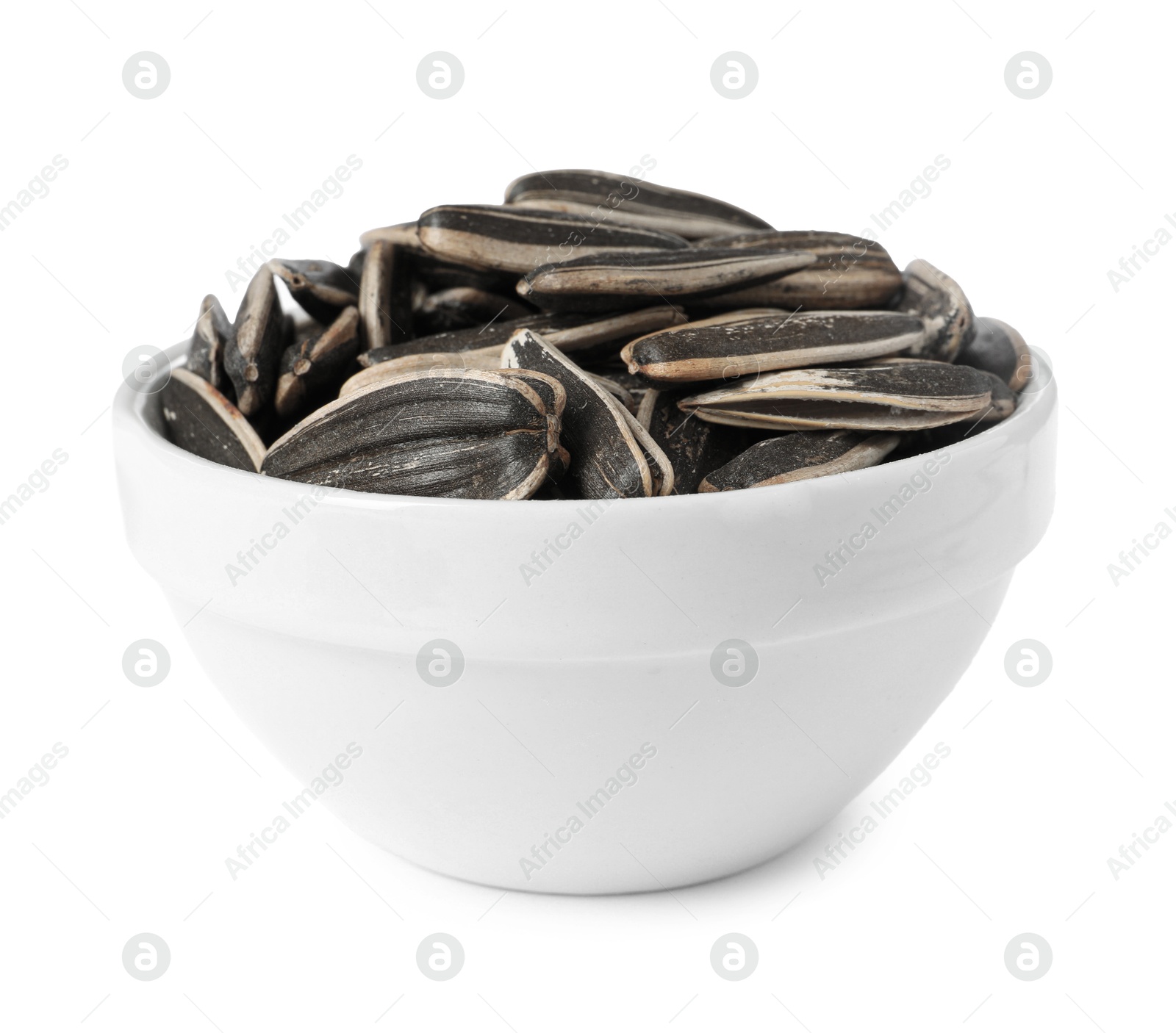 Photo of Sunflower seeds in bowl isolated on white