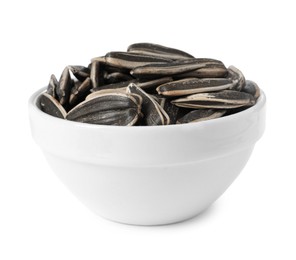 Photo of Sunflower seeds in bowl isolated on white