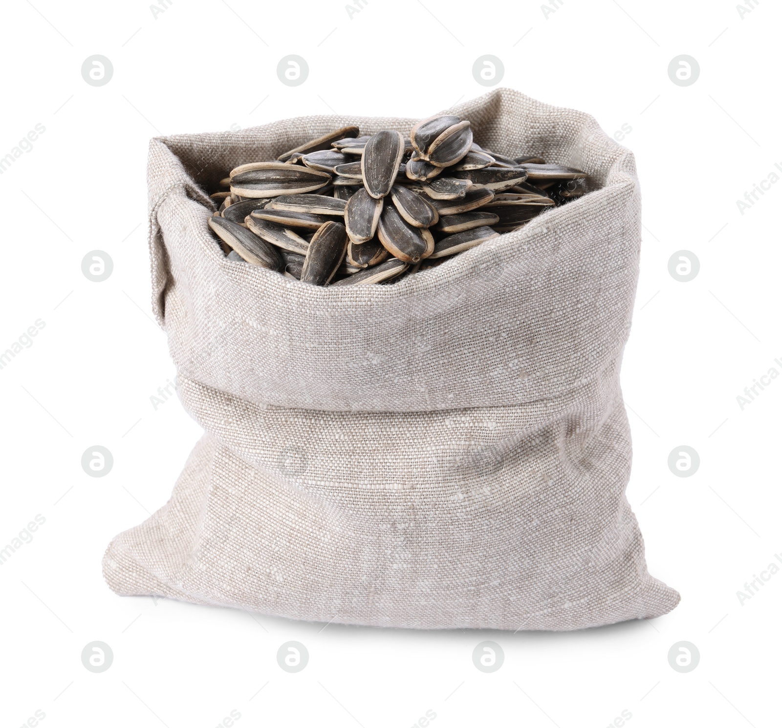 Photo of Sunflower seeds in burlap sack isolated on white