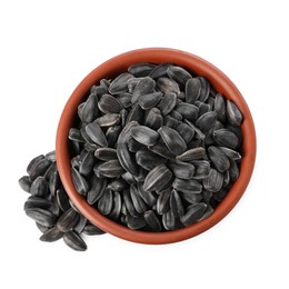 Sunflower seeds in bowl isolated on white, top view