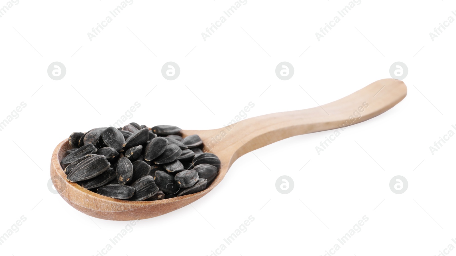 Photo of Sunflower seeds in wooden spoon isolated on white