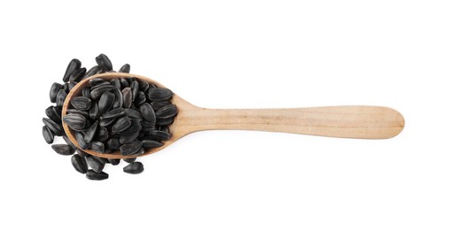 Sunflower seeds in wooden spoon isolated on white, top view