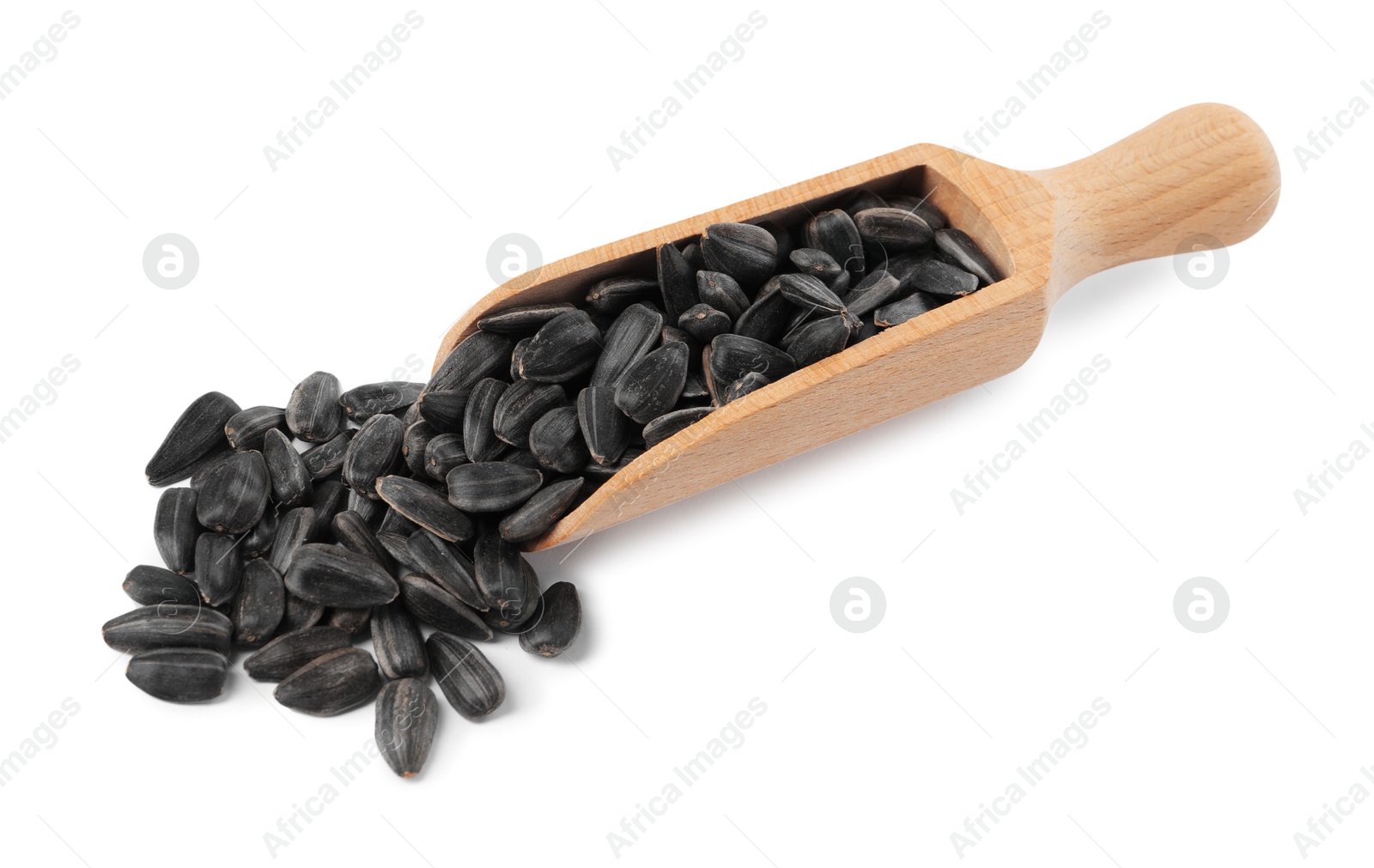 Photo of Sunflower seeds in wooden scoop isolated on white