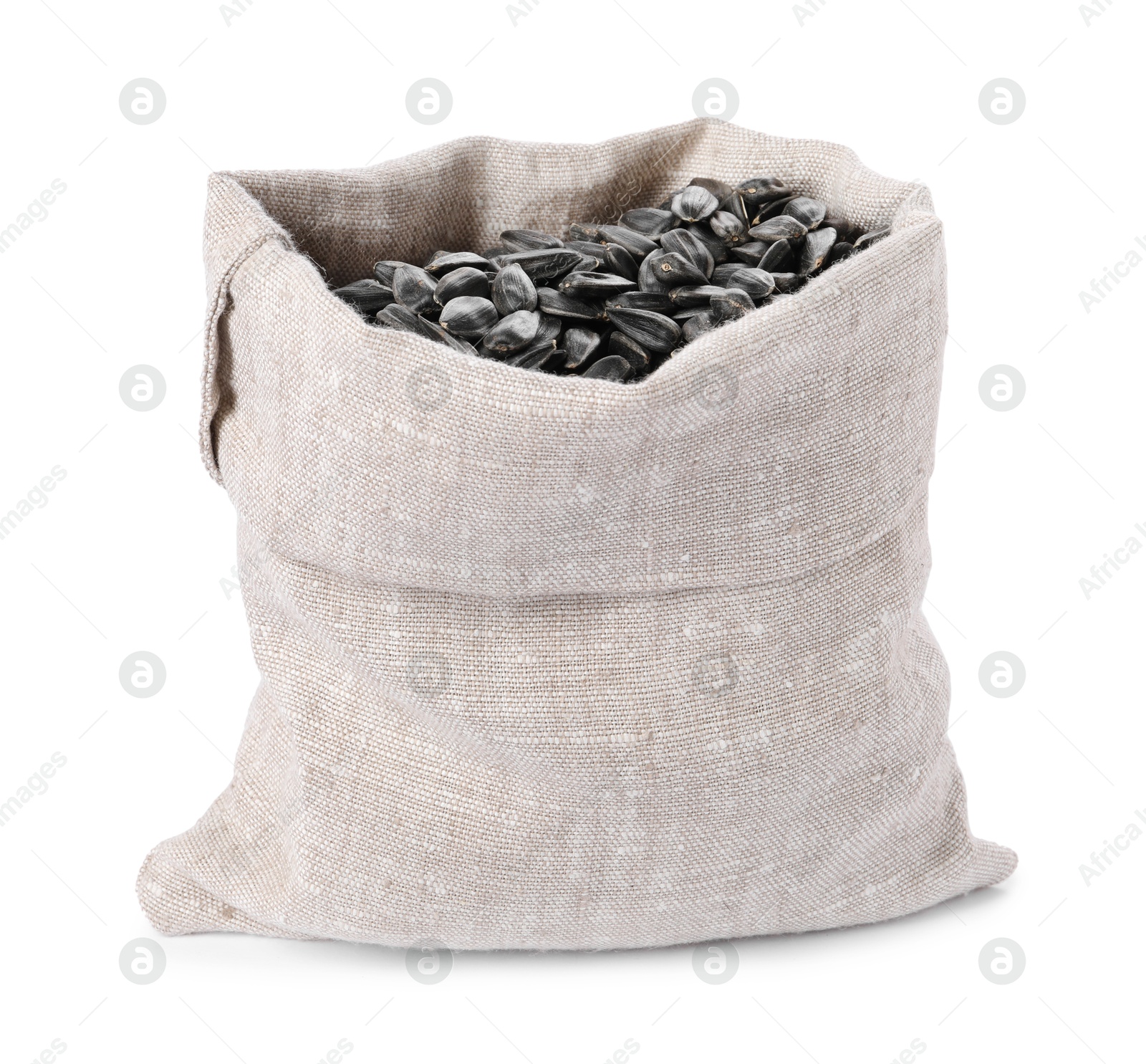 Photo of Sunflower seeds in burlap sack isolated on white