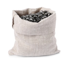 Sunflower seeds in burlap sack isolated on white