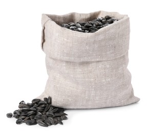 Photo of Sunflower seeds in burlap sack isolated on white