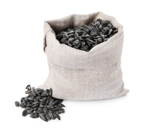 Photo of Sunflower seeds in burlap sack isolated on white