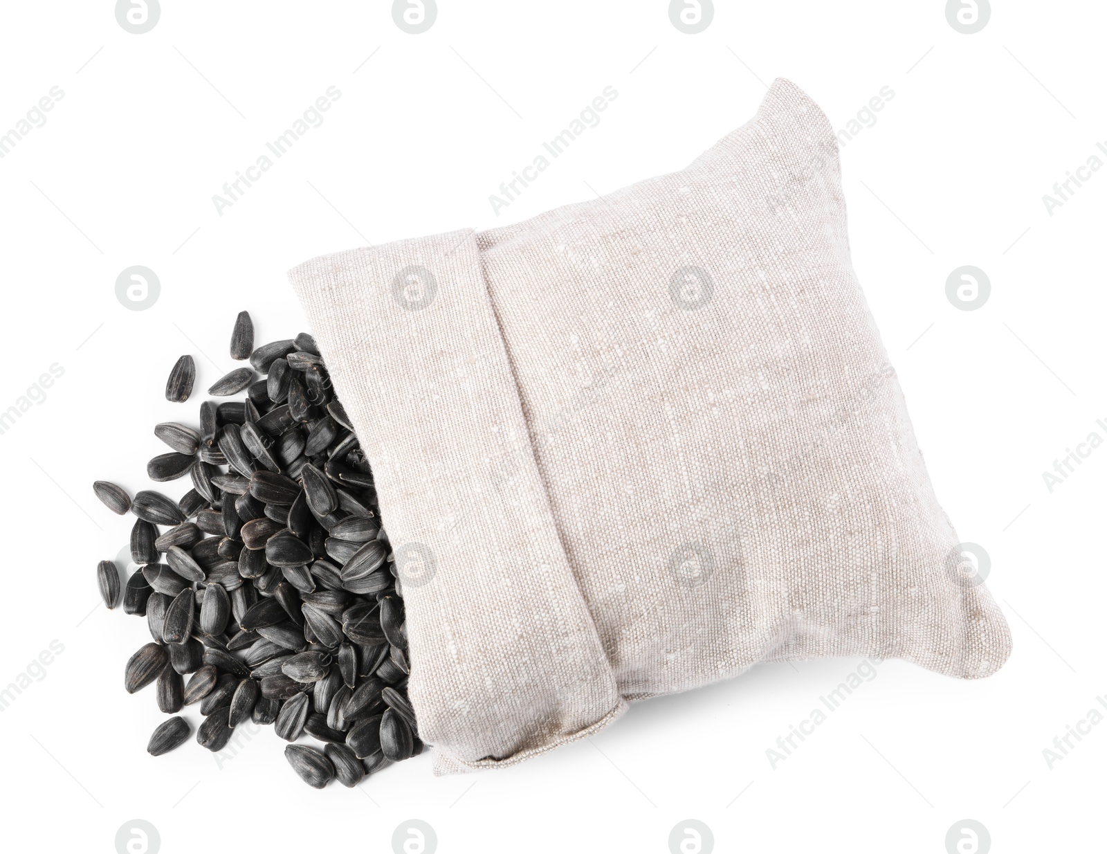 Photo of Sunflower seeds and overturned burlap sack isolated on white, top view