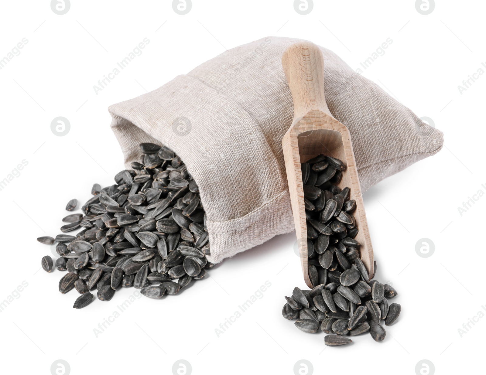 Photo of Sunflower seeds, overturned burlap sack and wooden scoop isolated on white