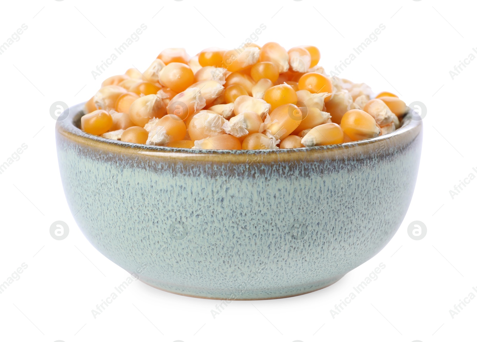 Photo of Fresh corn kernels in bowl isolated on white