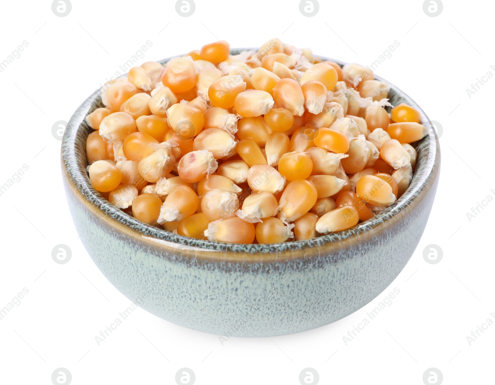 Photo of Fresh corn kernels in bowl isolated on white