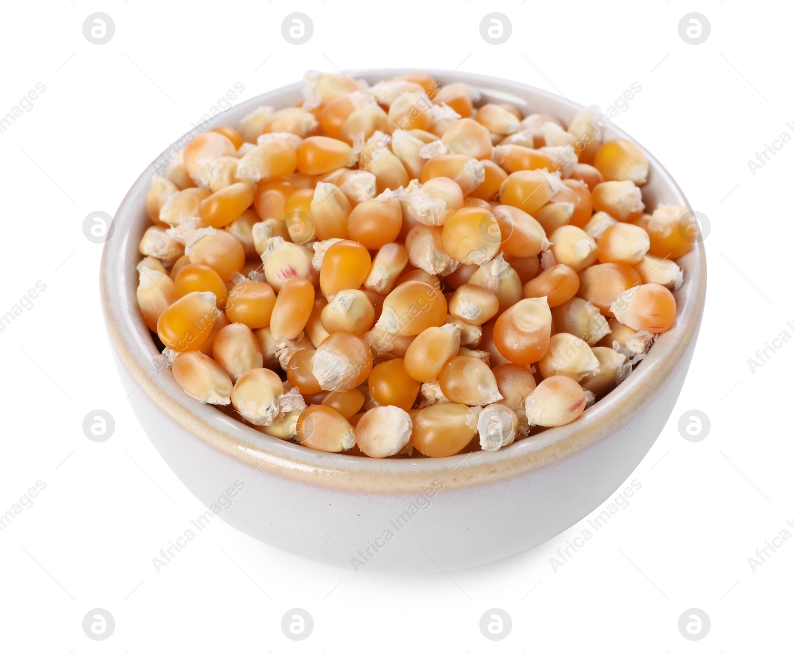 Photo of Fresh corn kernels in bowl isolated on white