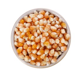 Fresh corn kernels in bowl isolated on white, top view