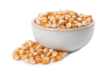 Photo of Fresh corn kernels in bowl isolated on white