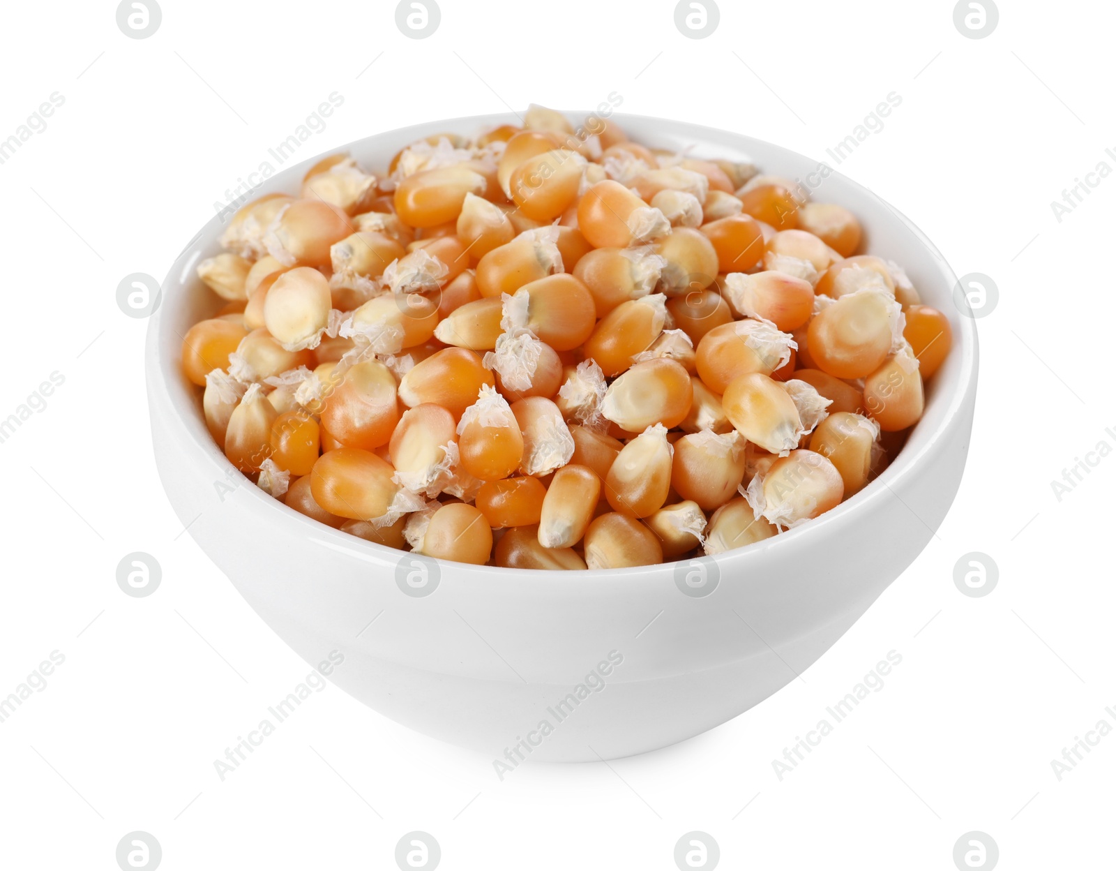 Photo of Fresh corn kernels in bowl isolated on white