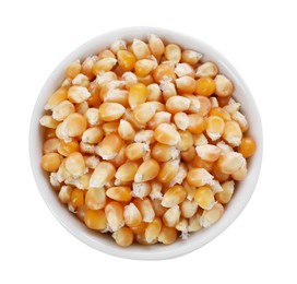 Fresh corn kernels in bowl isolated on white, top view