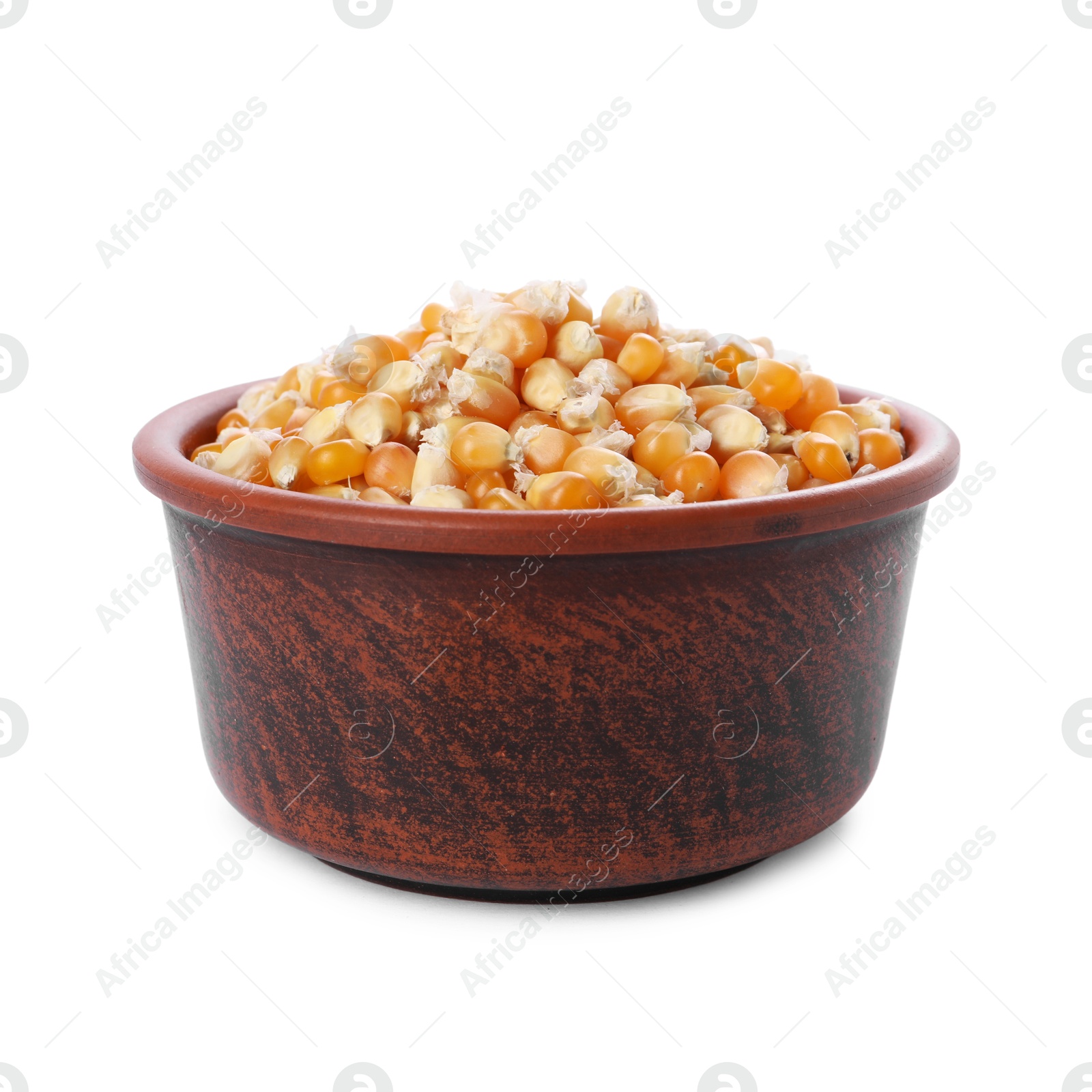 Photo of Fresh corn kernels in bowl isolated on white