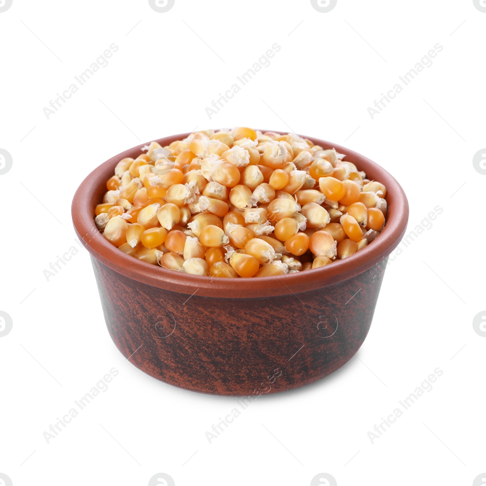 Photo of Fresh corn kernels in bowl isolated on white