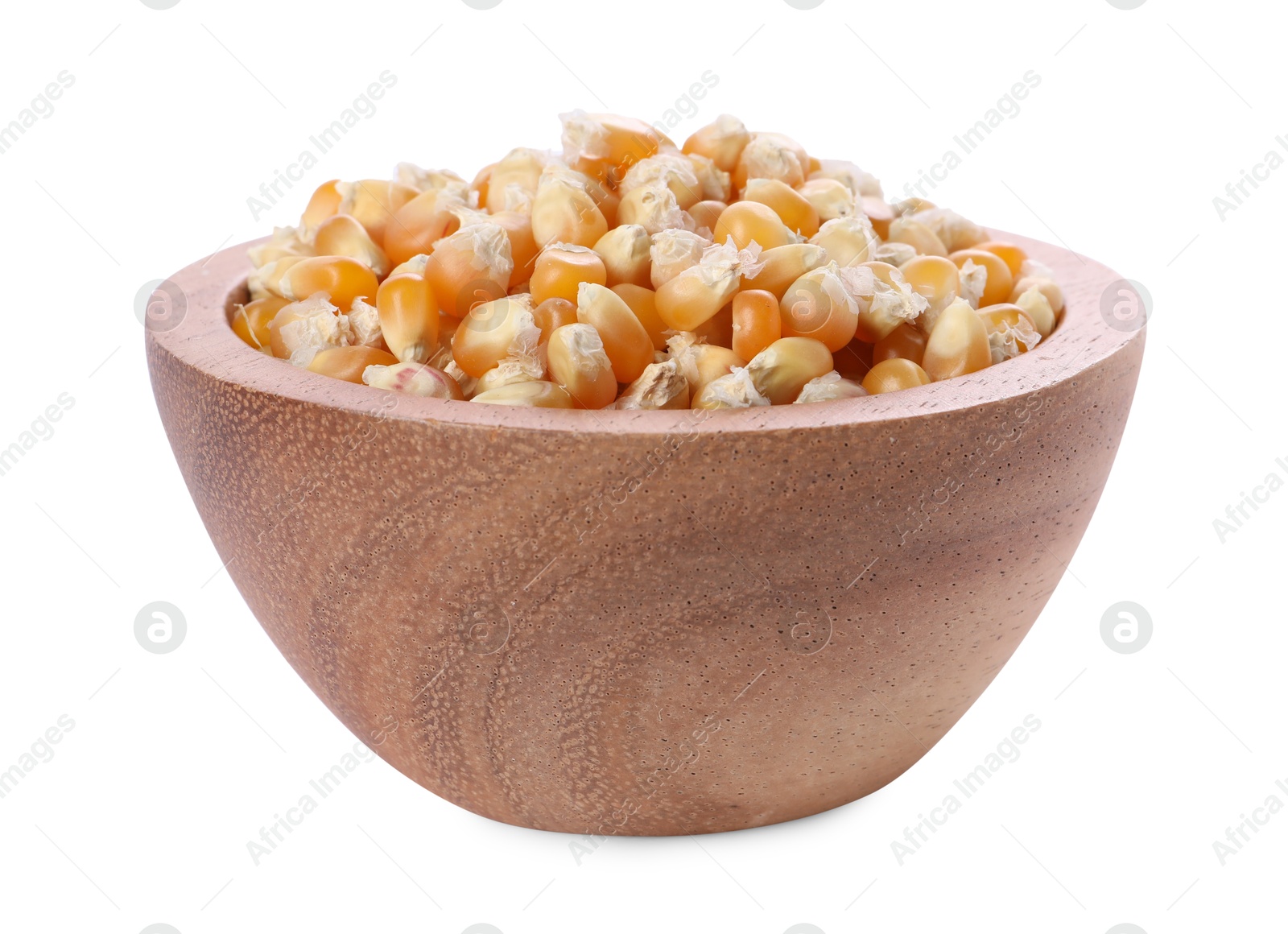 Photo of Fresh corn kernels in wooden bowl isolated on white