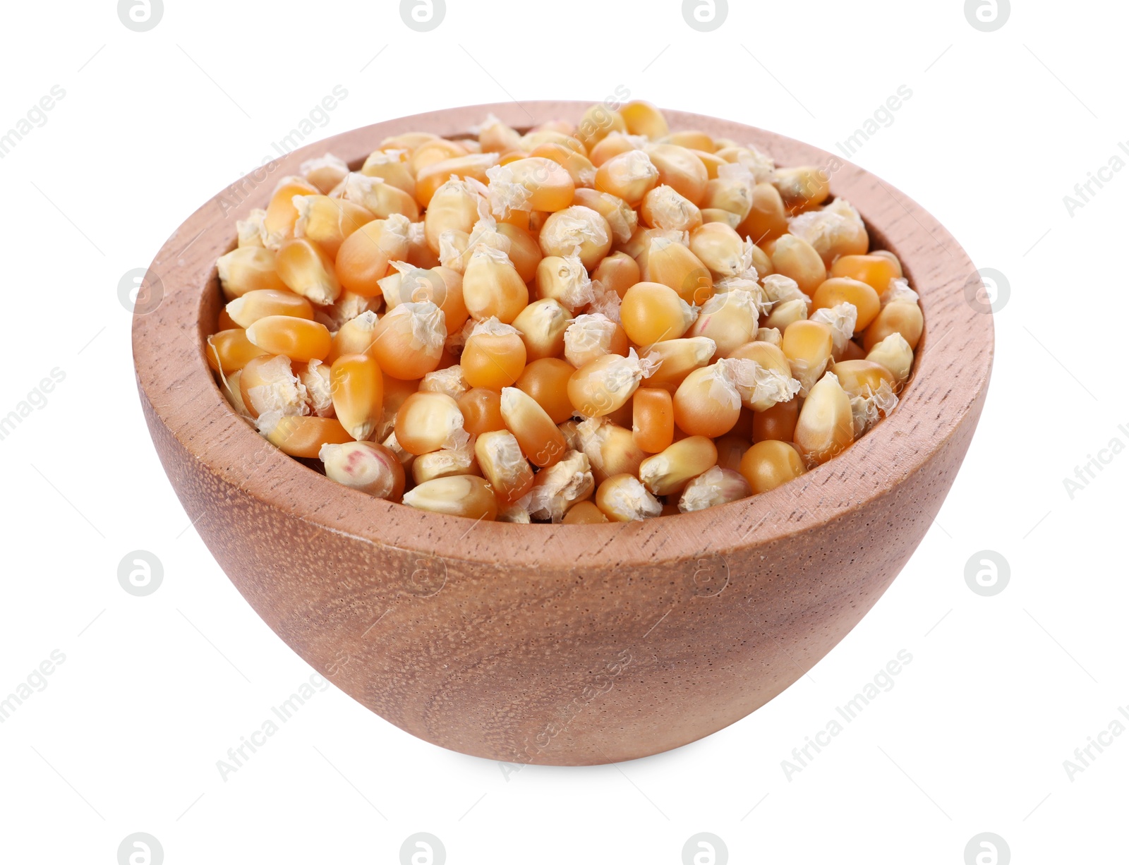 Photo of Fresh corn kernels in wooden bowl isolated on white