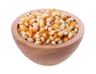 Photo of Fresh corn kernels in wooden bowl isolated on white