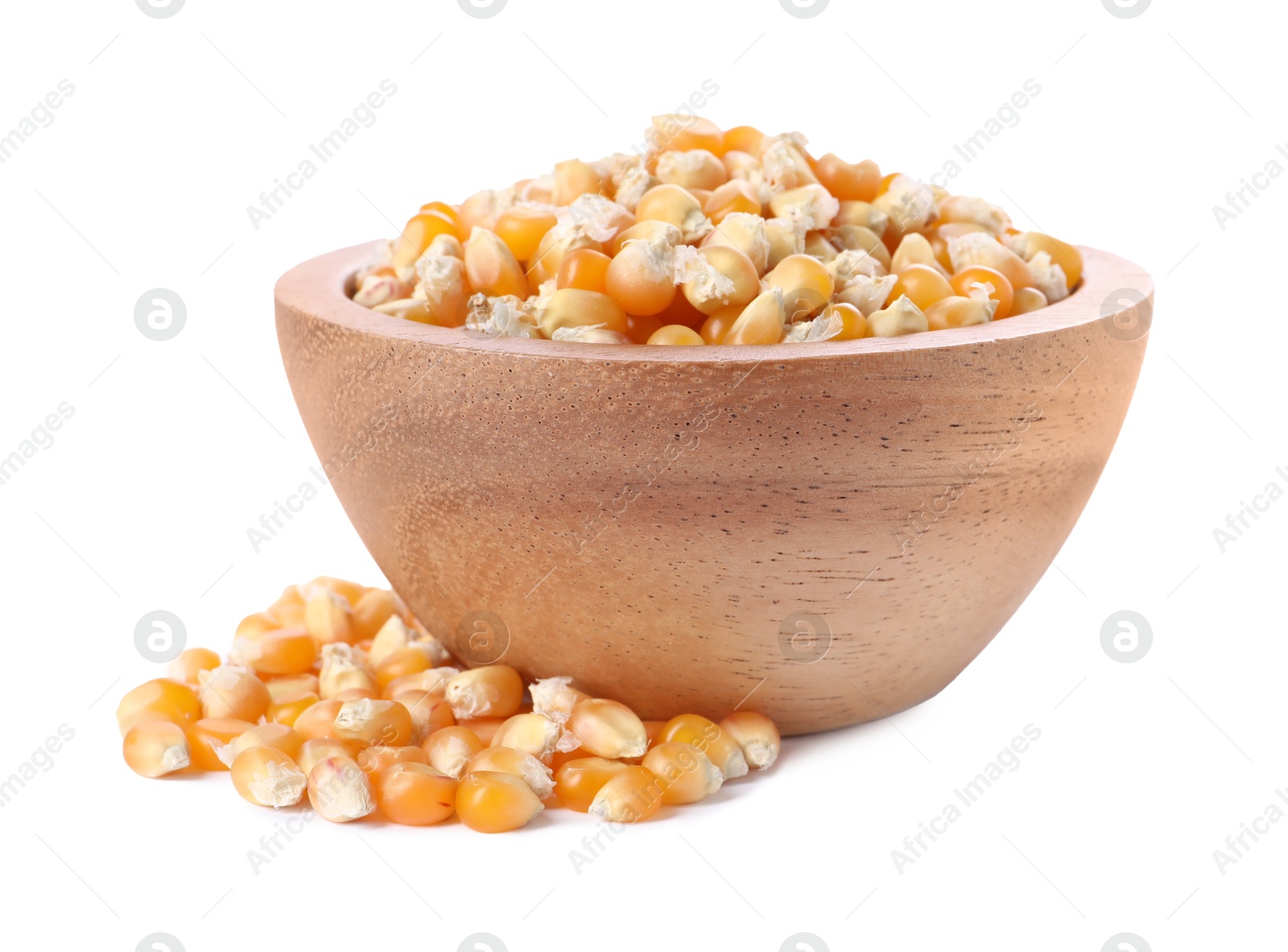 Photo of Fresh corn kernels in wooden bowl isolated on white