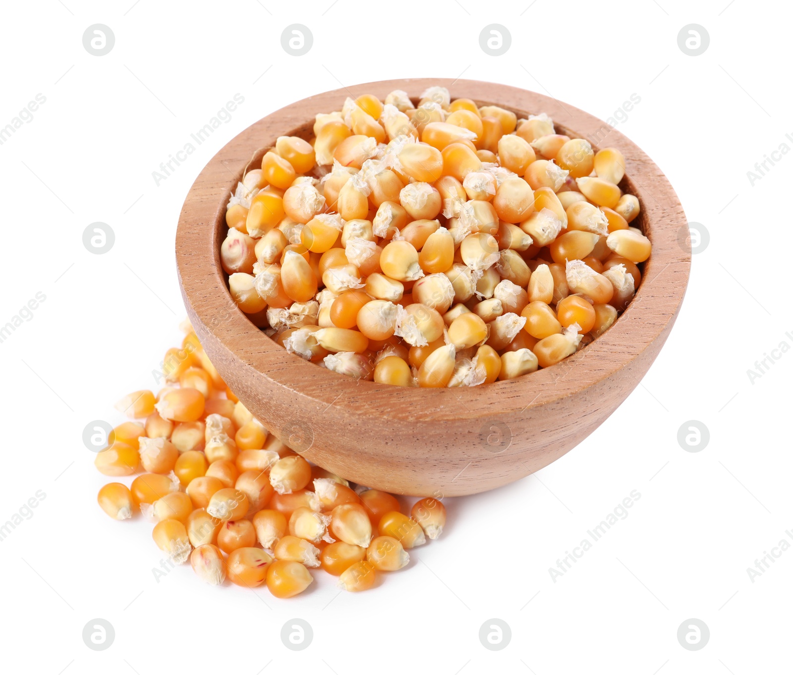 Photo of Fresh corn kernels in wooden bowl isolated on white