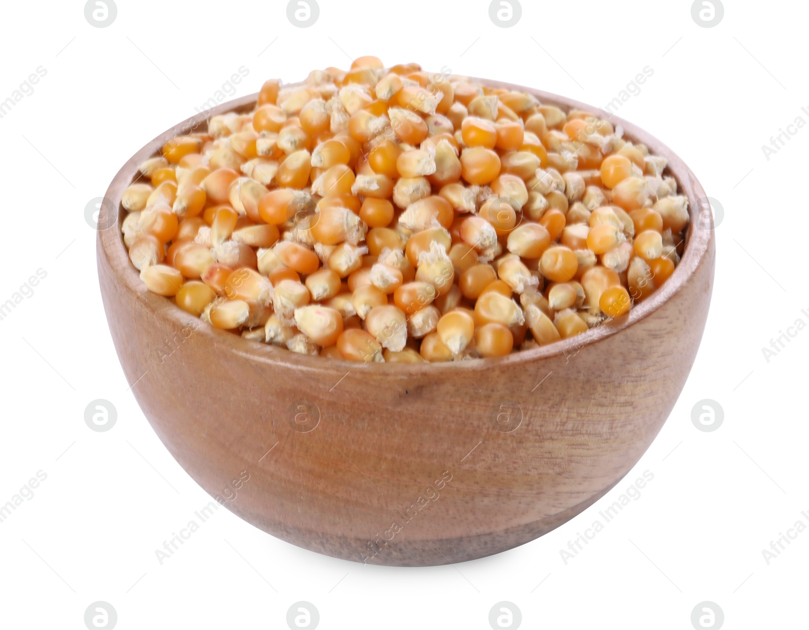 Photo of Fresh corn kernels in wooden bowl isolated on white