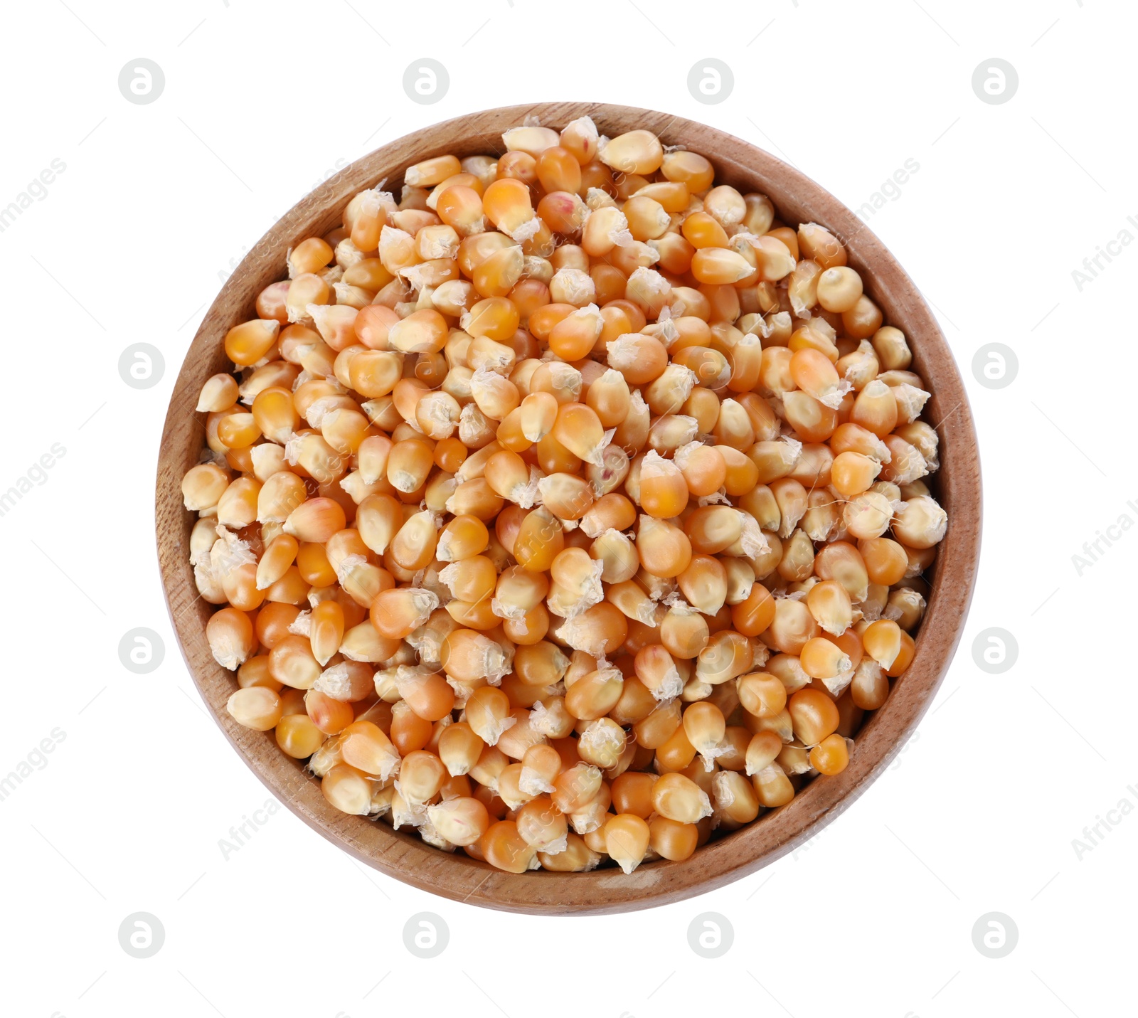 Photo of Fresh corn kernels in wooden bowl isolated on white, top view