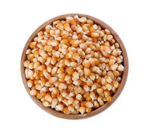 Photo of Fresh corn kernels in wooden bowl isolated on white, top view