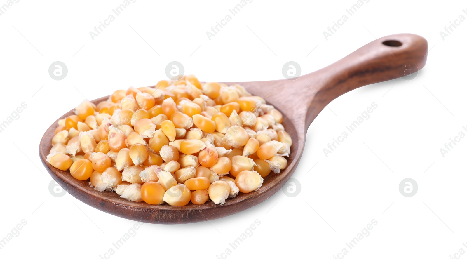 Photo of Fresh corn kernels in wooden spoon isolated on white