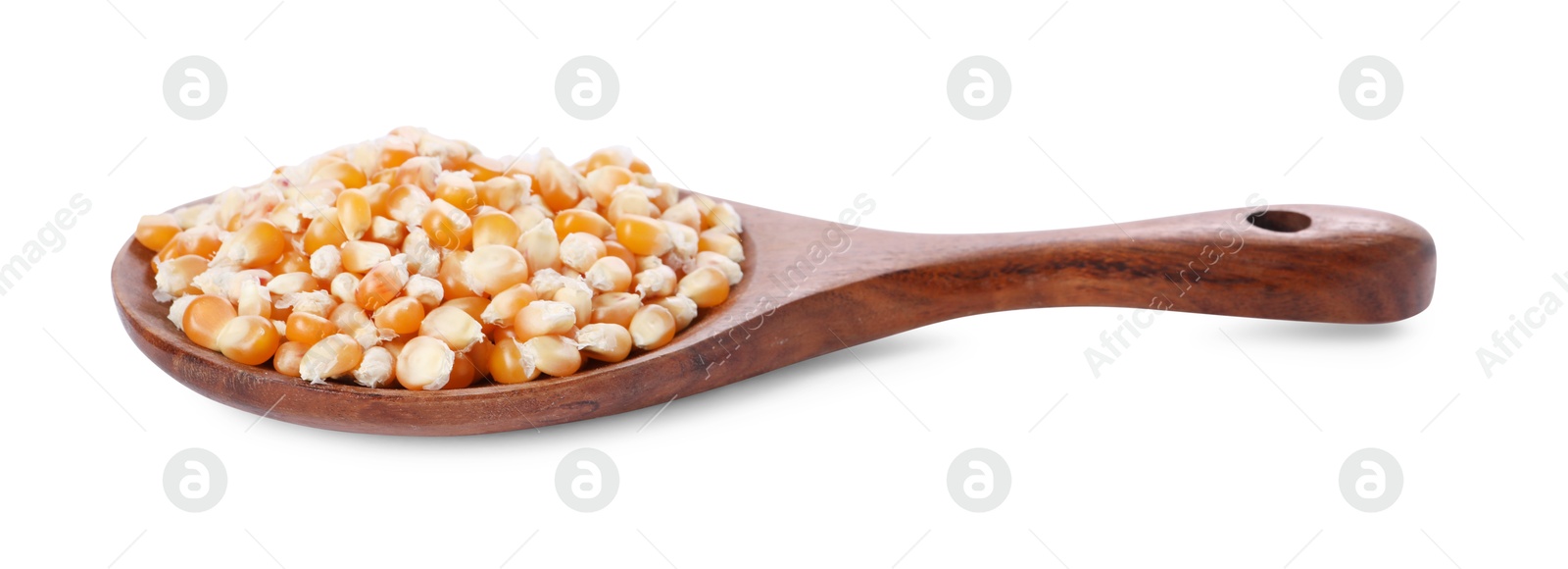 Photo of Fresh corn kernels in wooden spoon isolated on white