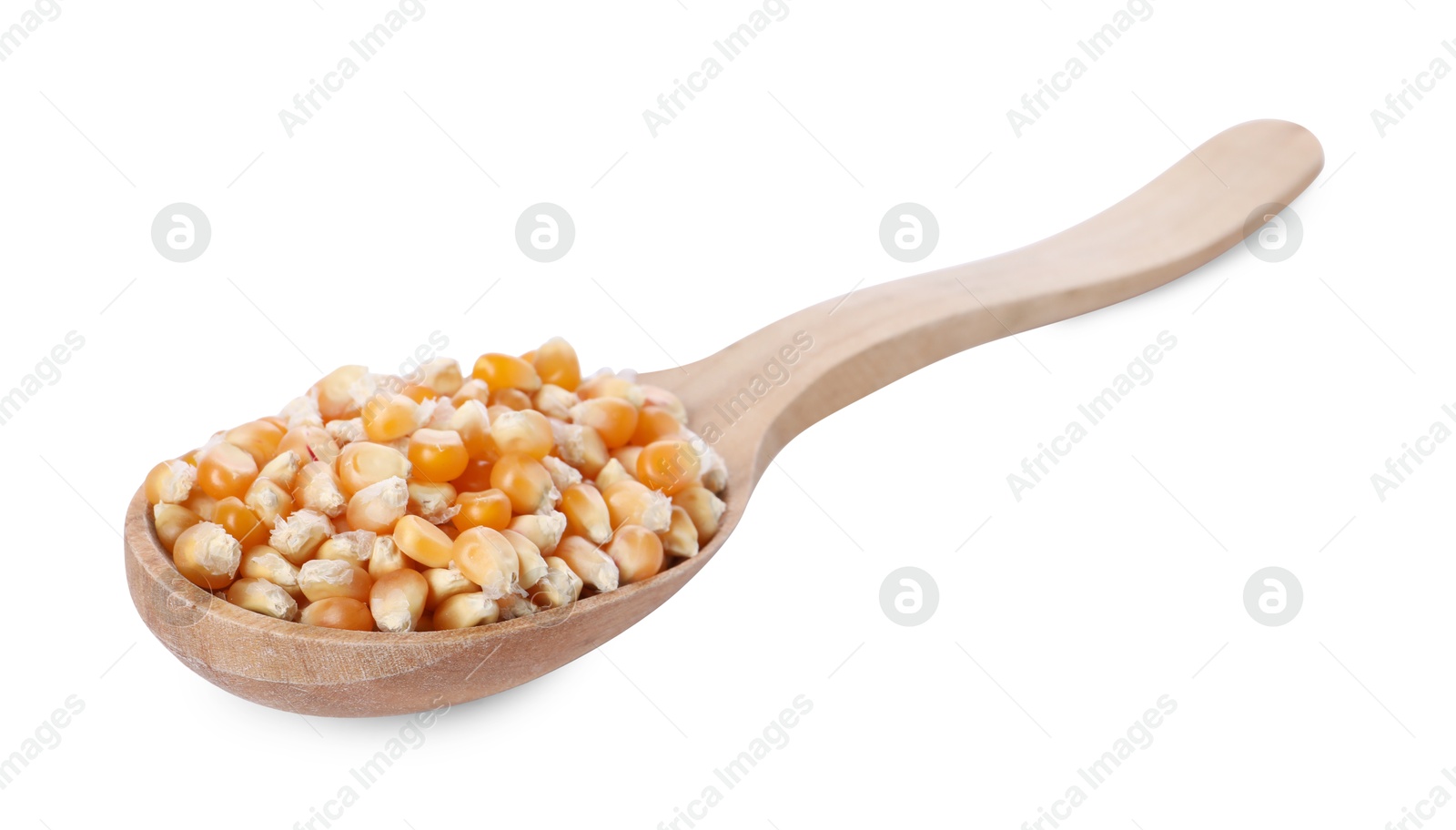 Photo of Fresh corn kernels in wooden spoon isolated on white