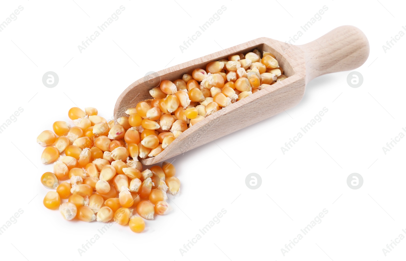 Photo of Fresh corn kernels in wooden scoop isolated on white