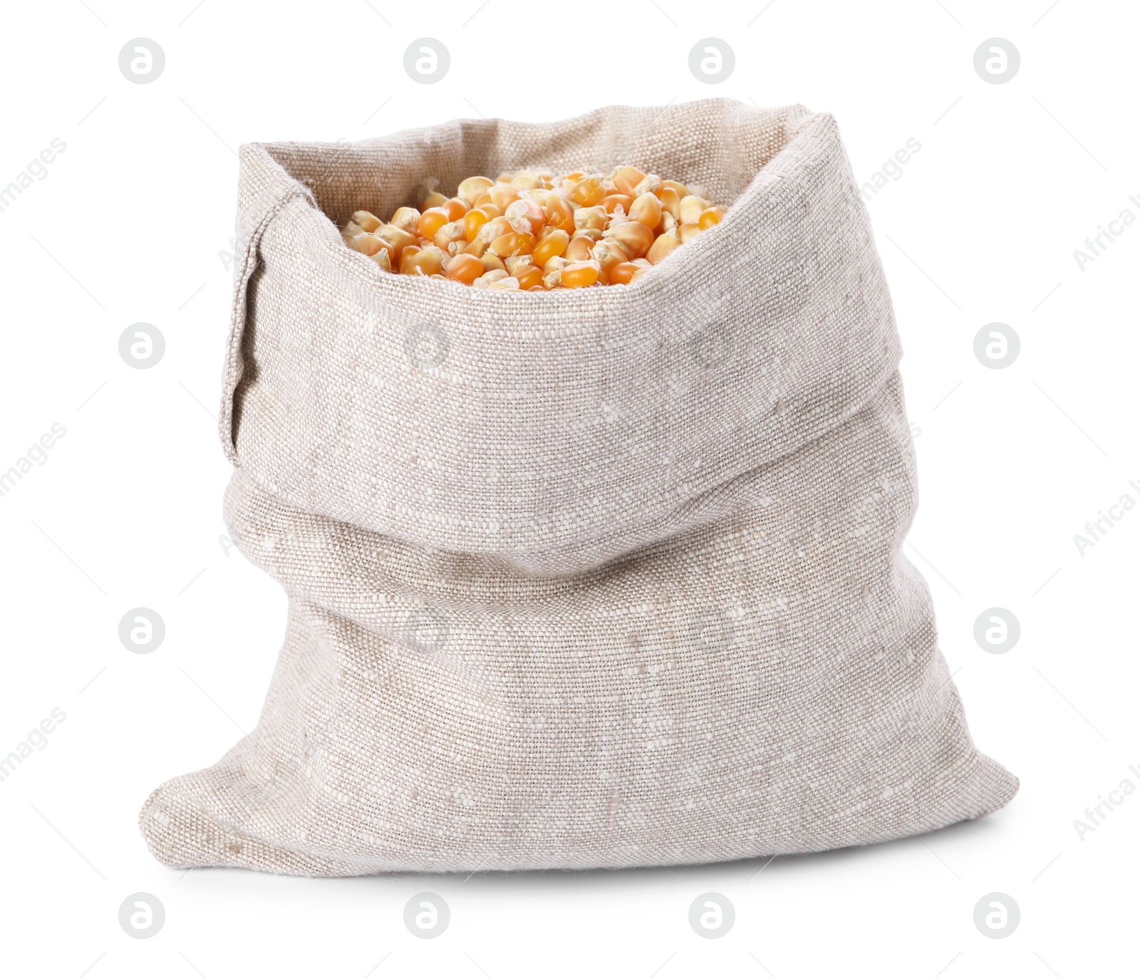 Photo of Fresh corn kernels in burlap sack isolated on white