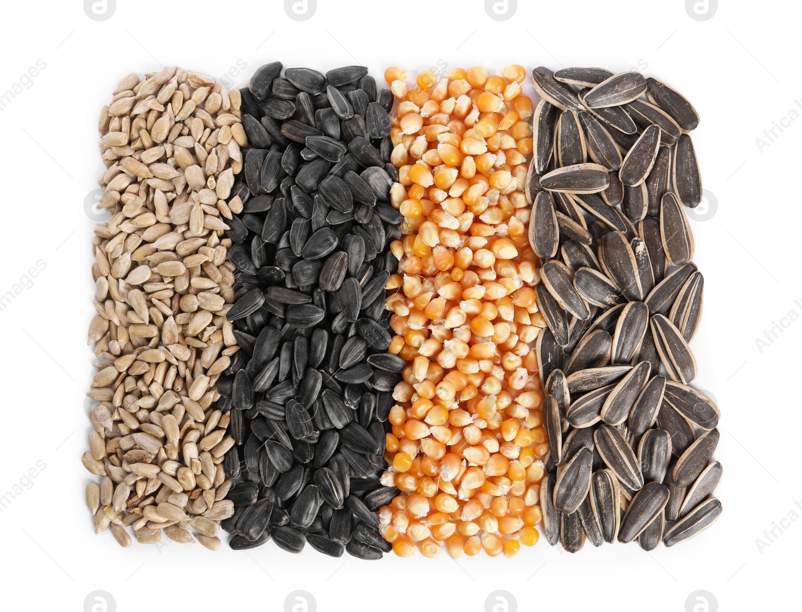 Photo of Different sunflower seeds and corn kernels isolated on white, top view