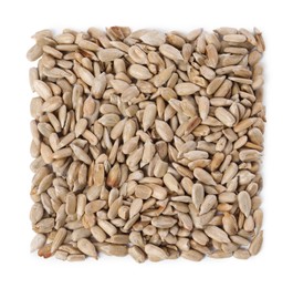 Photo of Pile of peeled sunflower seeds isolated on white, top view