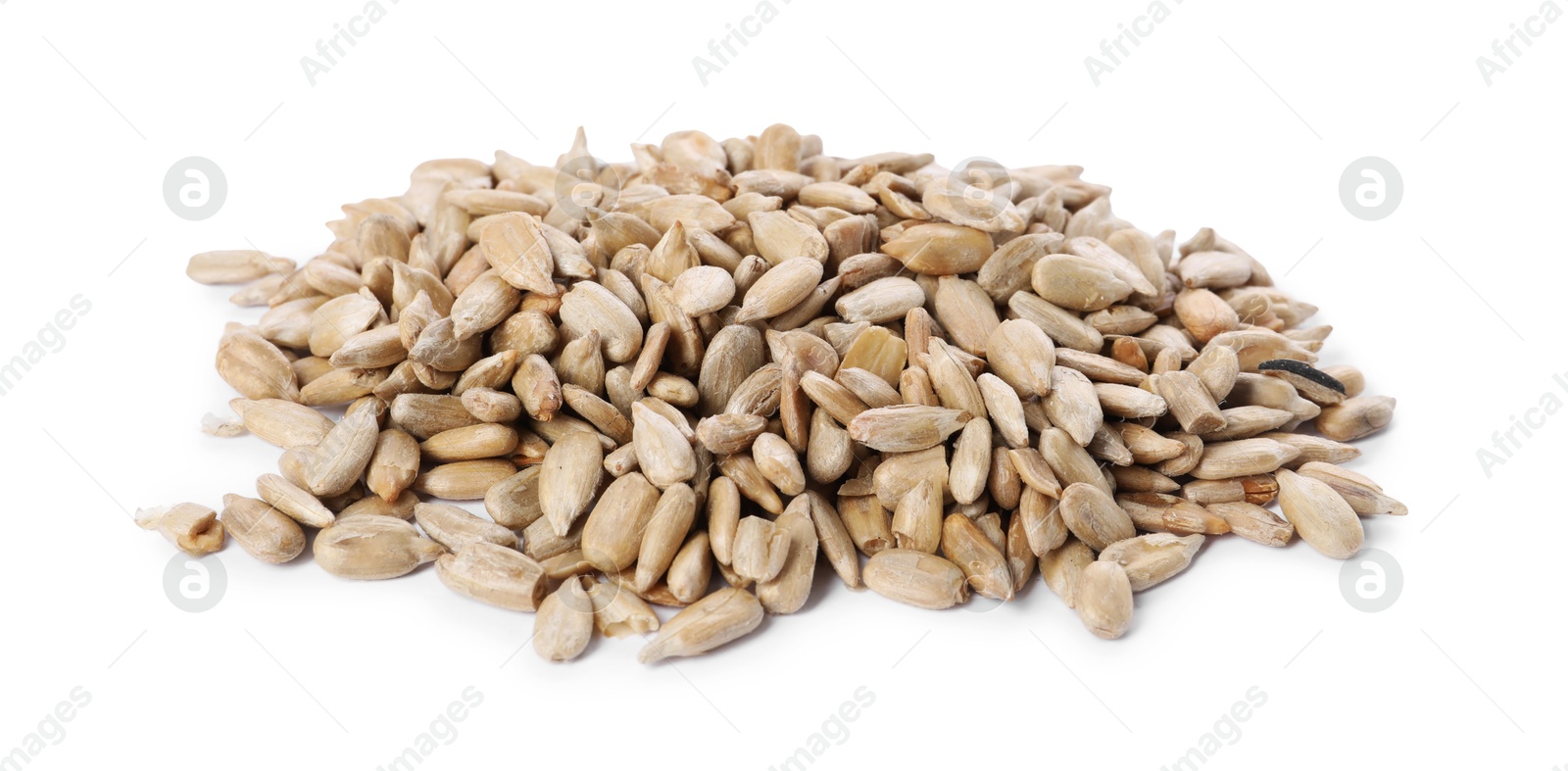 Photo of Pile of peeled sunflower seeds isolated on white